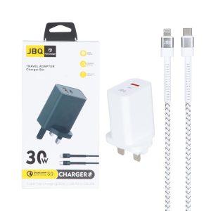 شارژر دیواری فست دو پورت JBQ مدل HC-30w 30W همراه با کابل Type-C To Lightning