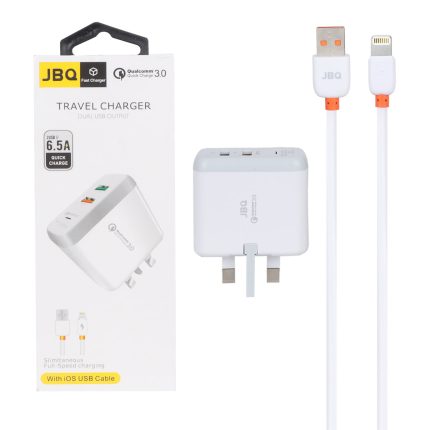 شارژر دیواری فست دو پورت JBQ مدل F-2USB 18W همراه با کابل آیفون - سفید (گارانتی یکساله رصاصی)