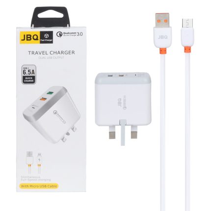 شارژر دیواری فست دو پورت JBQ مدل F-2USB 18W همراه با کابل اندروید - سفید (گارانتی یکساله رصاصی)