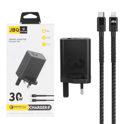 شارژر دیواری فست دو پورت JBQ مدل HC-30w 30W همراه با کابل Type-C To Lightning - مشکی