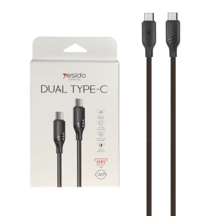 کابل شارژ فست yesido Type-C To Type-C مدل CA175 - مشکی (گارانتی 18 ماه تعویض نیکان همراه)