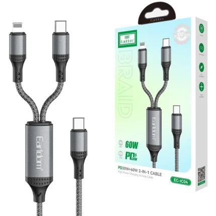 کابل شارژ 2 کاره PD و فست Earldom Type-C to Type-C & Lightning مدل EC-IC04 60W - مشکی